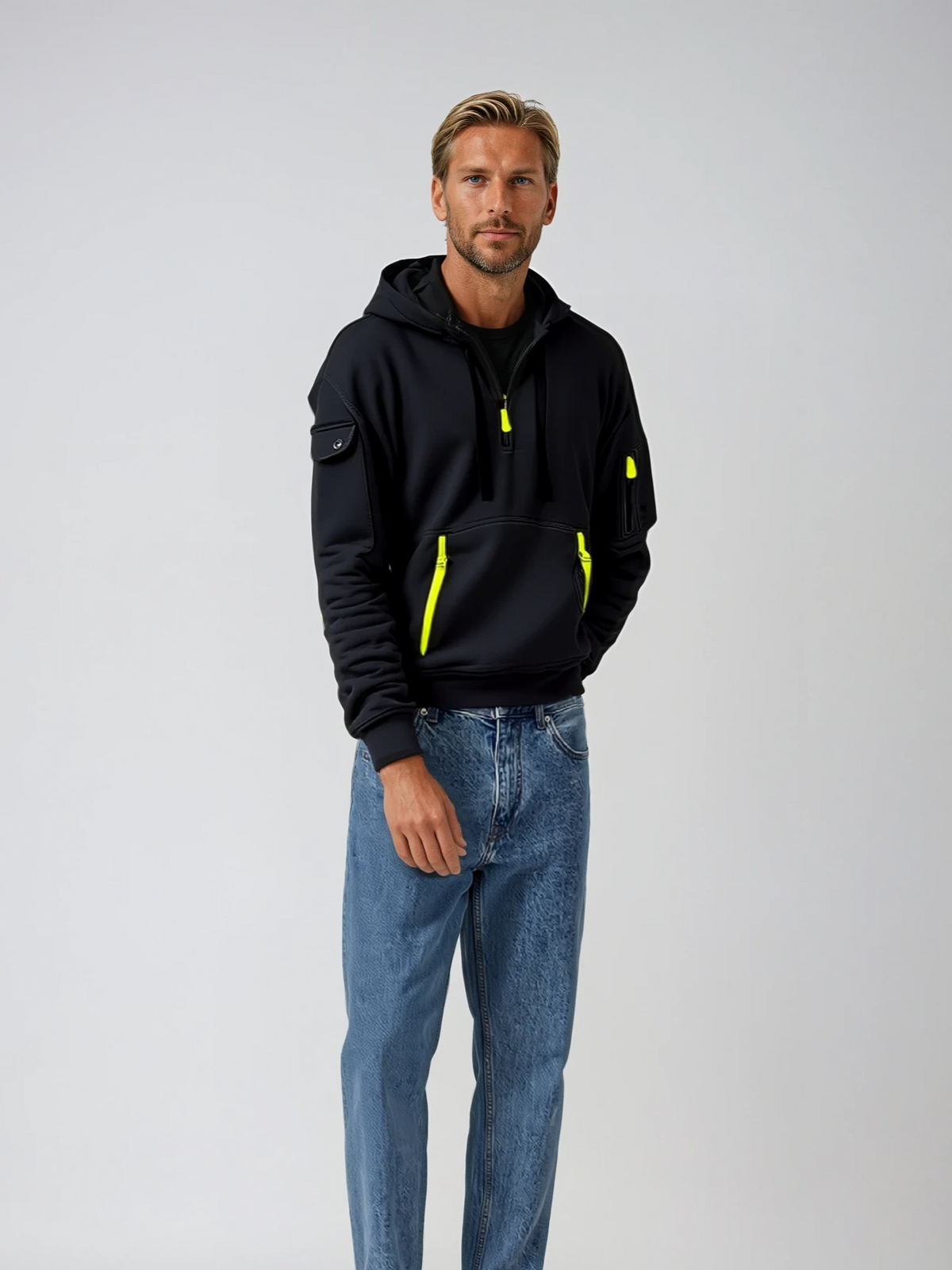 Men's Zip Hoodie with Stand Collar, Chest Pocket and Relaxed Fit